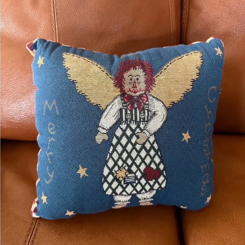 Vintage Tapestry Christmas Raggedy Ann  Angel Small Throw Pillow